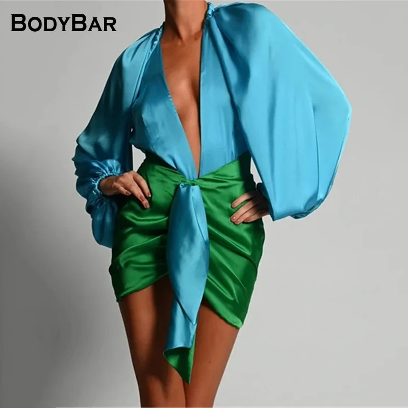 Jesienna Sexy Koszula z dekoltem Bluzki I Biodra Pośladki Spódnica Kostium dwuczęściowy Pani Z Długim Rękawem, Klub Nocny Zestawy 2021 Satynowe Stroje Bodycon