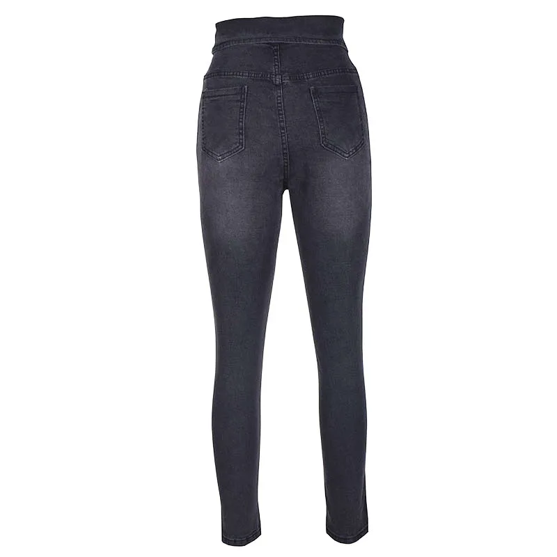 Nowe Damskie Spodnie Jeansowe Ołówek Top Marka Stretch Jeansy z wysokim stanem Towarzyszących Ukośne Spodnie z klamrami Damskie Spodnie Szare kostki