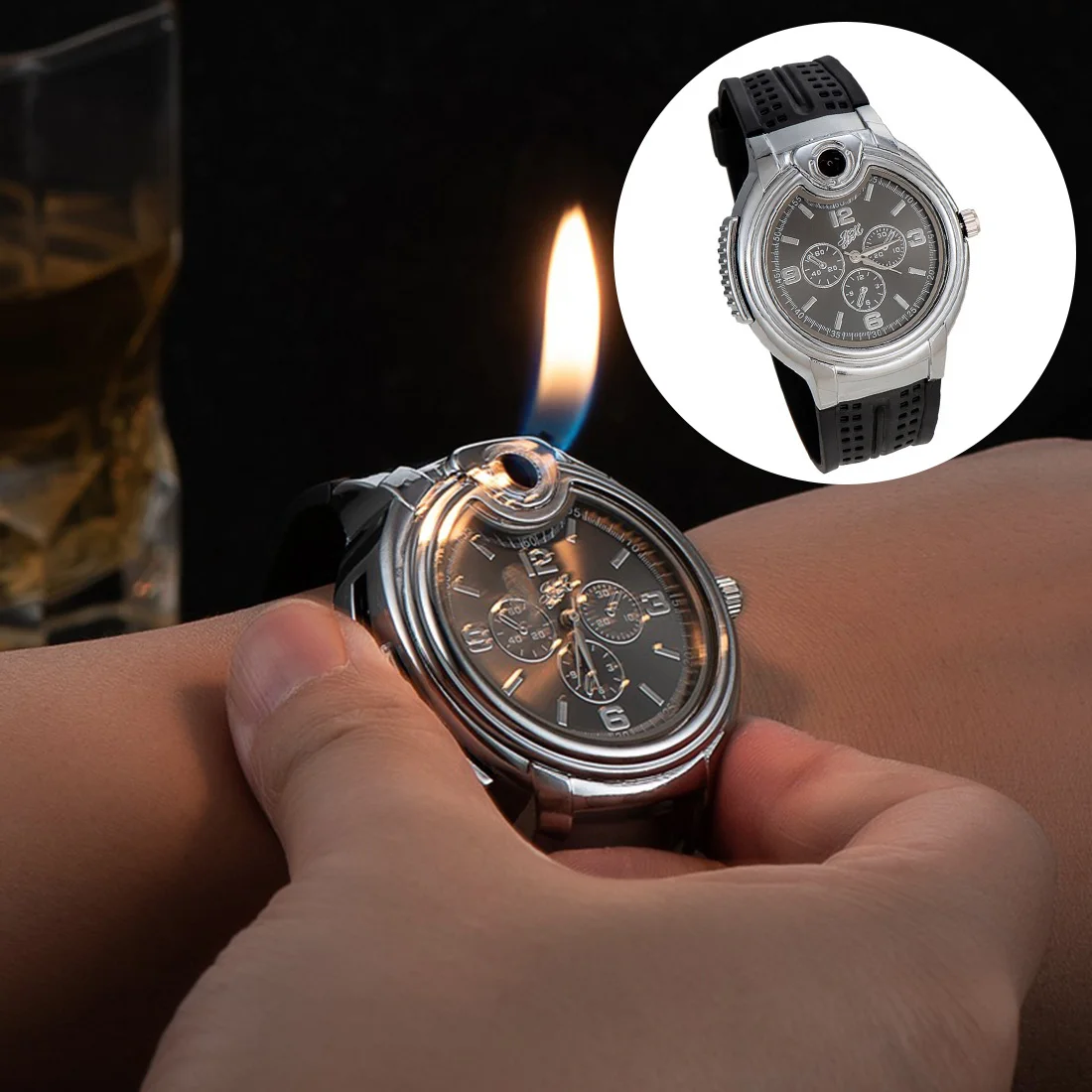 Watch Watch Style Metal Open Flame Lighter Creative Men ' s Sports Open Flame Watch Lighter Dmuchany Regulowany Fmale Encendedor