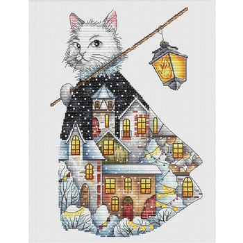 Złota Kolekcja Liczenie Sztuk Zestaw Do Haftu Świąteczny Kot Światło Boże Narodzenie Żarówka Wieś Zima Śnieg