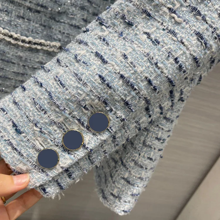 Tweed niebieskie Kurtki dla kobiet, Jesień Nowy 2021 Dobra Jakość 62% Wełna, Mieszane Kurtki Moda Cztery Kieszenie V-neck Bezpośrednie Kurtki