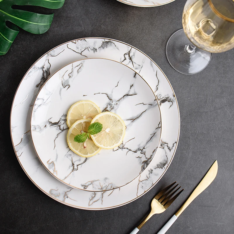 Skandynawska prostota ceramiczny talerz marmur złota okrągła taca dekoracyjna sałatka owocowa Deser talerz sushi naczynia kuchenne zestaw obiadowy