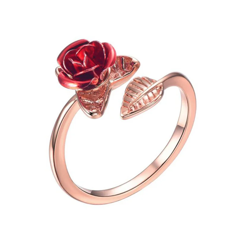 Damski Pierścionek Czerwona Róża Kwiat Ogrodowy Liście Otwarte Pierścień Zmienne Wymiary Pierścienie Na Palce Dla Kobiet Prezent Na Walentynki Biżuteria