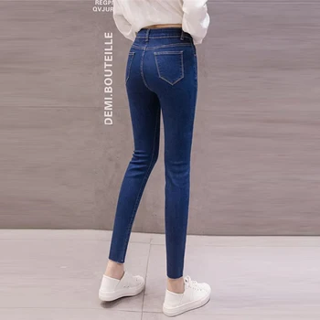 Podstawowe Stałe Wysokiej Talii Cienki Ołówek Spodnie Damskie Rozmiar Plus Wąskie Stretch Jeans Kobiety Korea Moda Jeansowe Spodnie o Długości do kostek