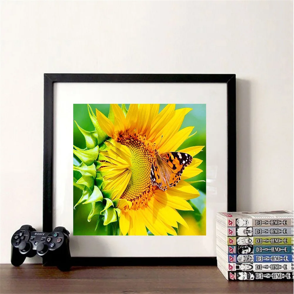 Huacan 5d Diamond Embroidery Cross Stitch Sunflower Butterfly Diamond Painting Kits Full Square Flower Picture Of Rhinestones