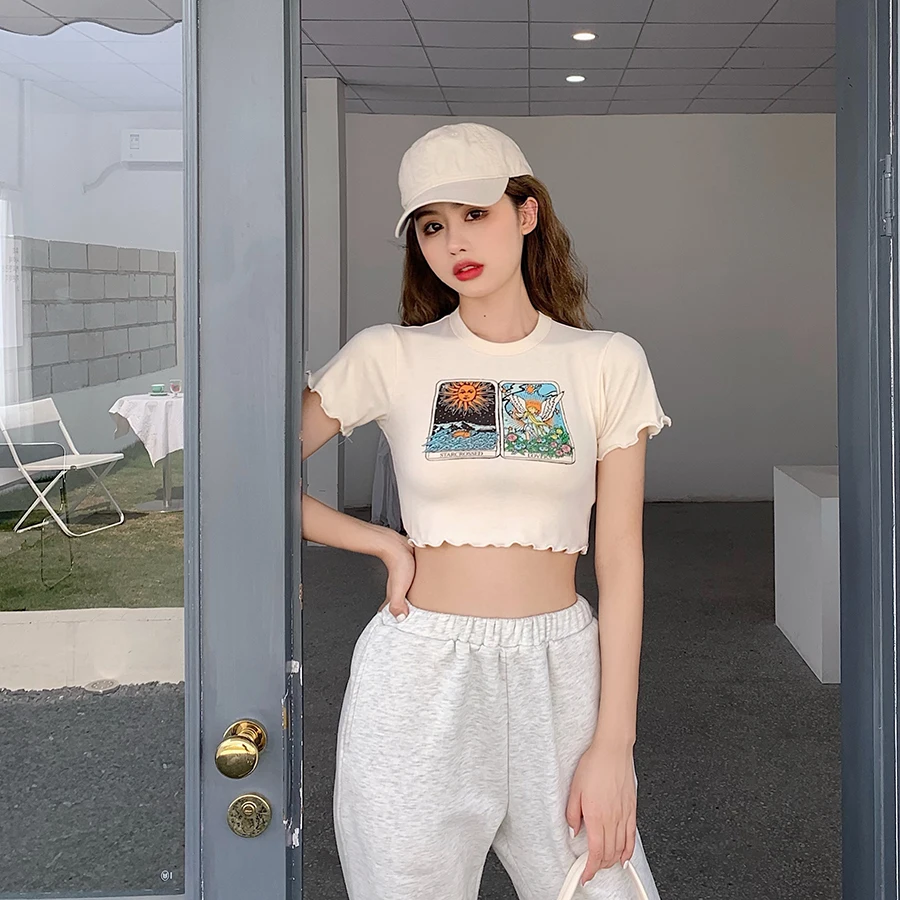 Ins Hipster Fashion Brand Crop Top Koszulka Damska Odzież Nadruki na Koszulki Slim Letni Styl Vintage, kobiece bluzki Codzienne Nowe 2021