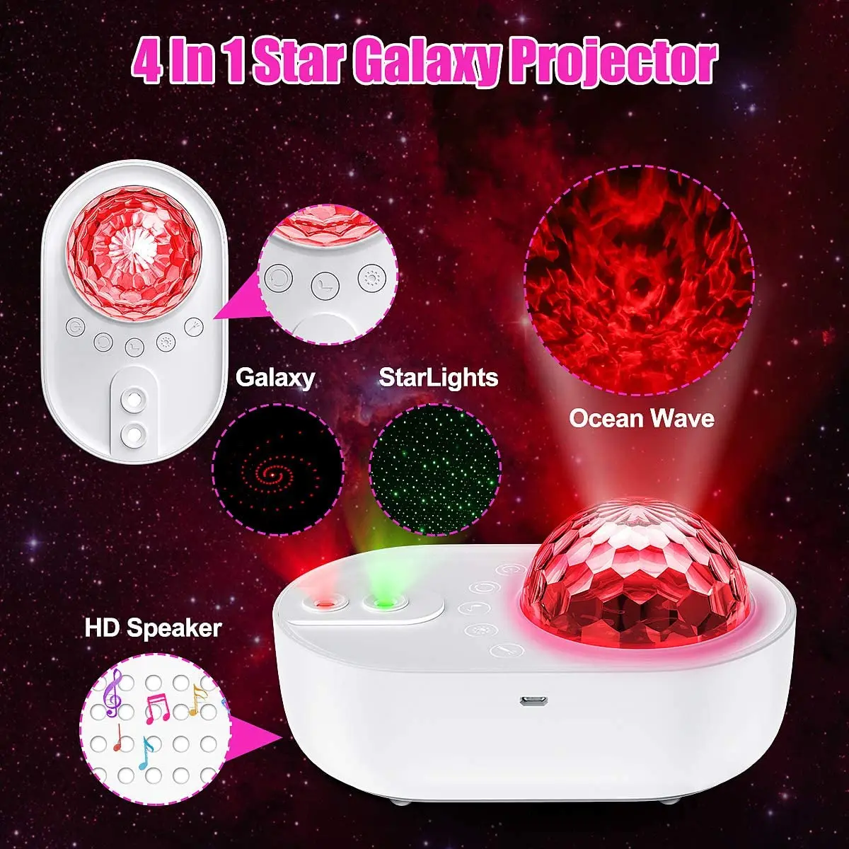 Gwiezdny projektor Galaxy Night Light Romantyczna projekcja z Pilotem Głośnik Bluetooth, Biały szum do Dobrej Sypialnie