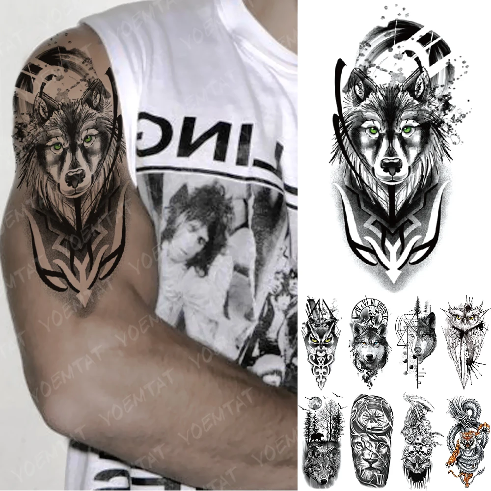 Wodoodporny Tymczasowy Naklejki Tatuaże Zielone Oko Totem Wilka Flash Tatuaż Śmierć Lew Korona Body Art Ręka Fałszywy Tatuaż Kobiety Mężczyźni