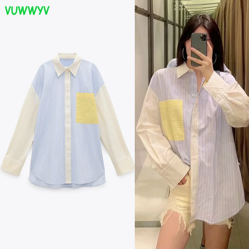 VUWWYV Za Blue Oversize z Przeplotem Poplin Shirt Women Summer 2021 Casual Long Sleeve Button Up Shirts Woman Front Pocket Tops