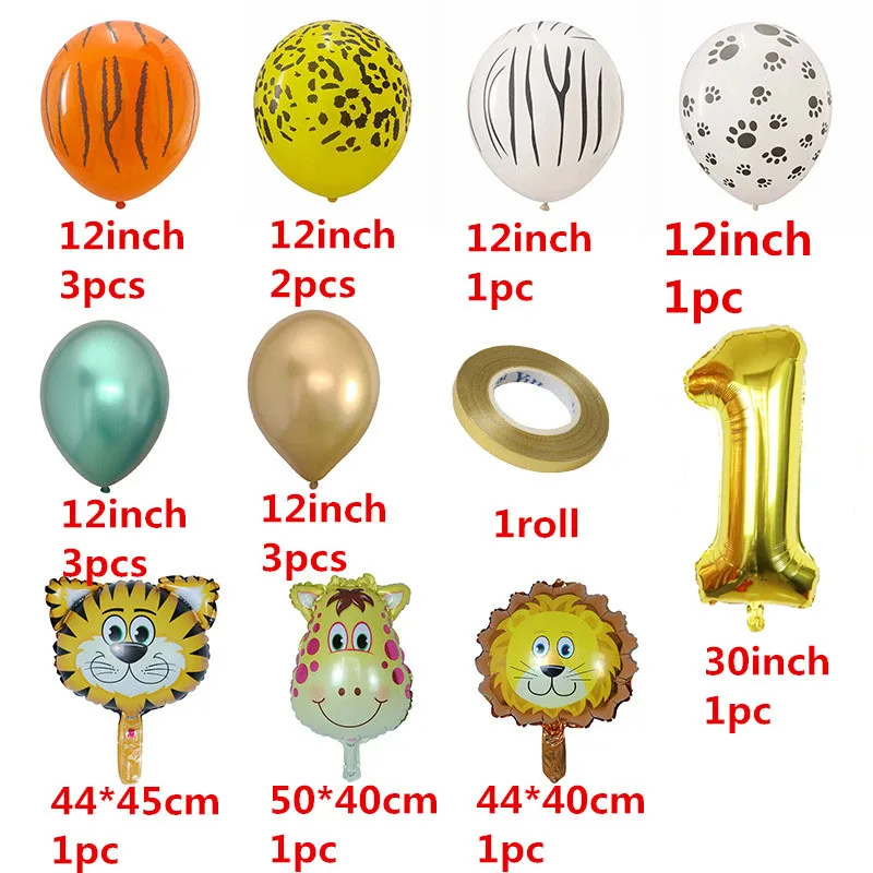 18szt Dżungli Zwierząt Balony Zestaw Metalowych Lateksowych Balonów Złoty Numer Globusy Dzieci Urodziny Dekoracje Baby Shower Balony