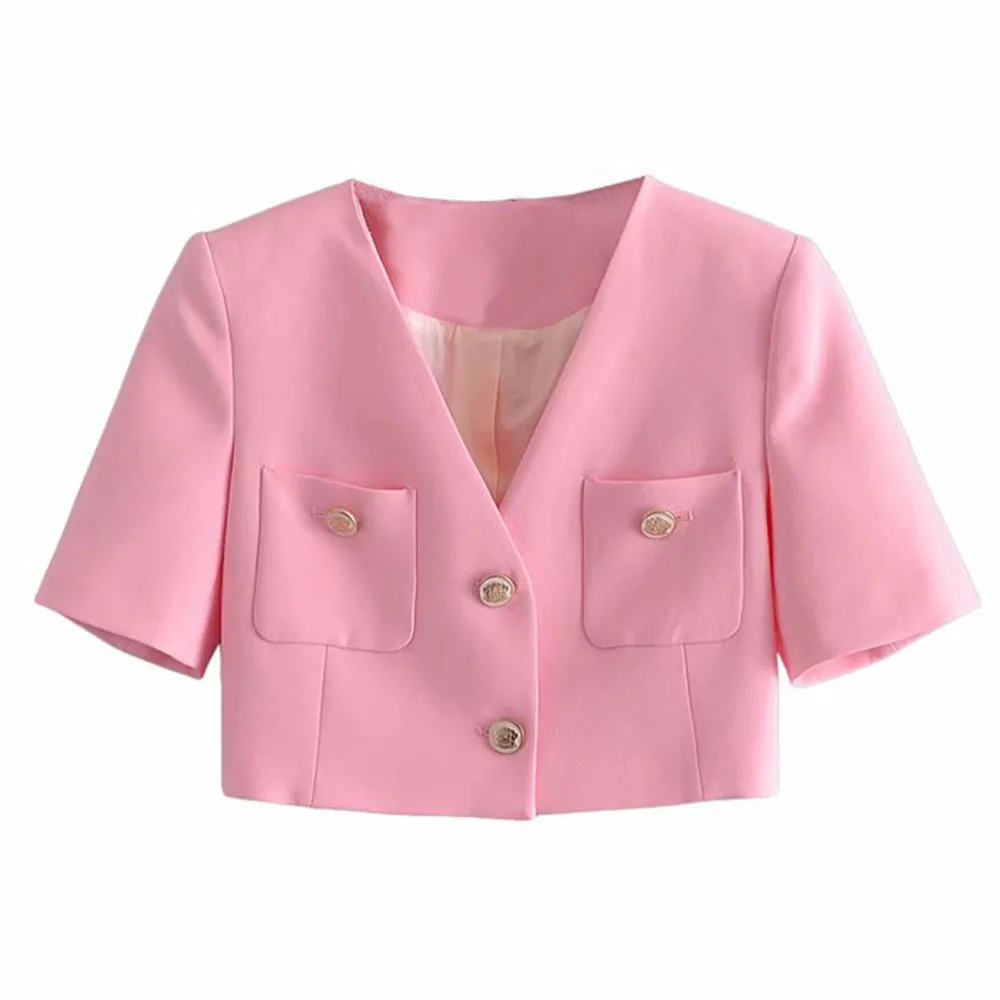 DiYiG KOBIETA 2021 lato nowy słodki styl odzież damska torba przycisk ozdoba na co dzień krótka różowa marynarka