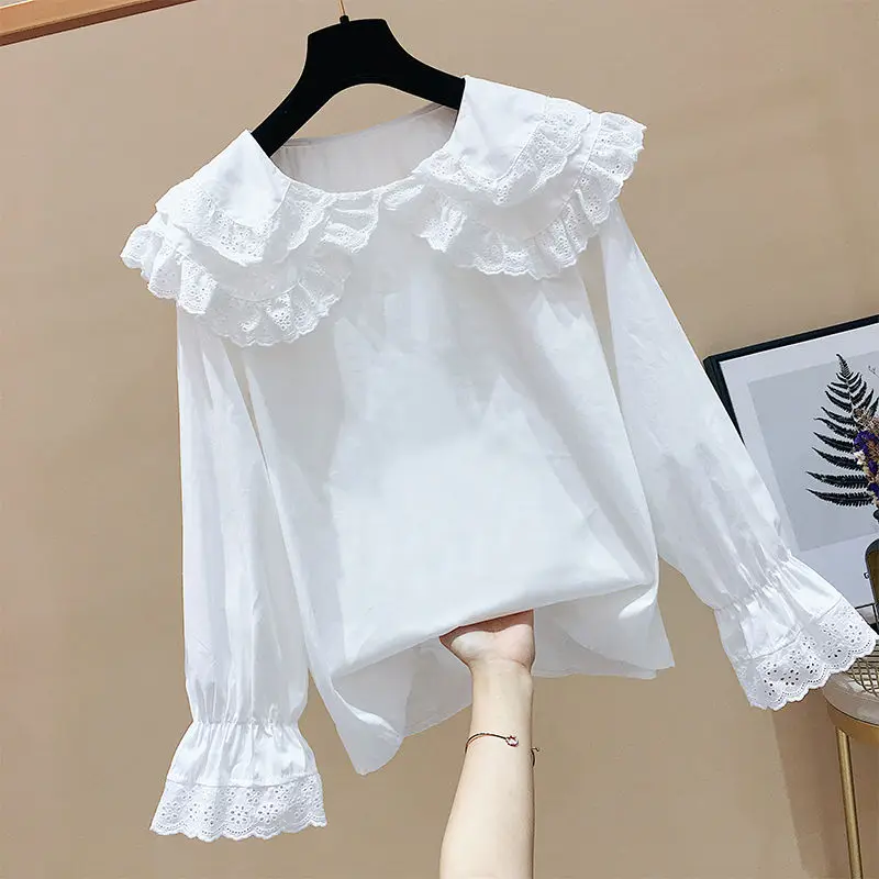 2021 Nowe Lato w jednolitym kolorze biała damska bluzka Peter Pan Kołnierz Szyfonowe bluzki Damskie koszule z krótkim Rękawem damskie topy