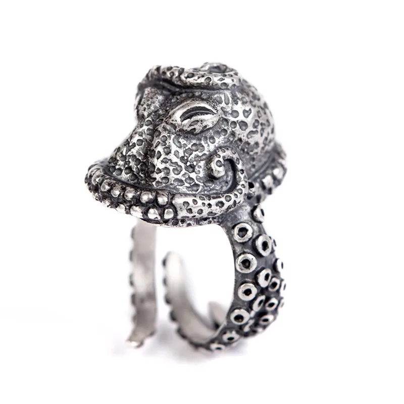 MKENDN Sea Animal Gothic Ring 925 Srebro próby Ośmiornica Rowerzysta Pierścień dla mężczyzn i kobiet Uliczny Hip-Hop, Punk Ciemne Biżuteria