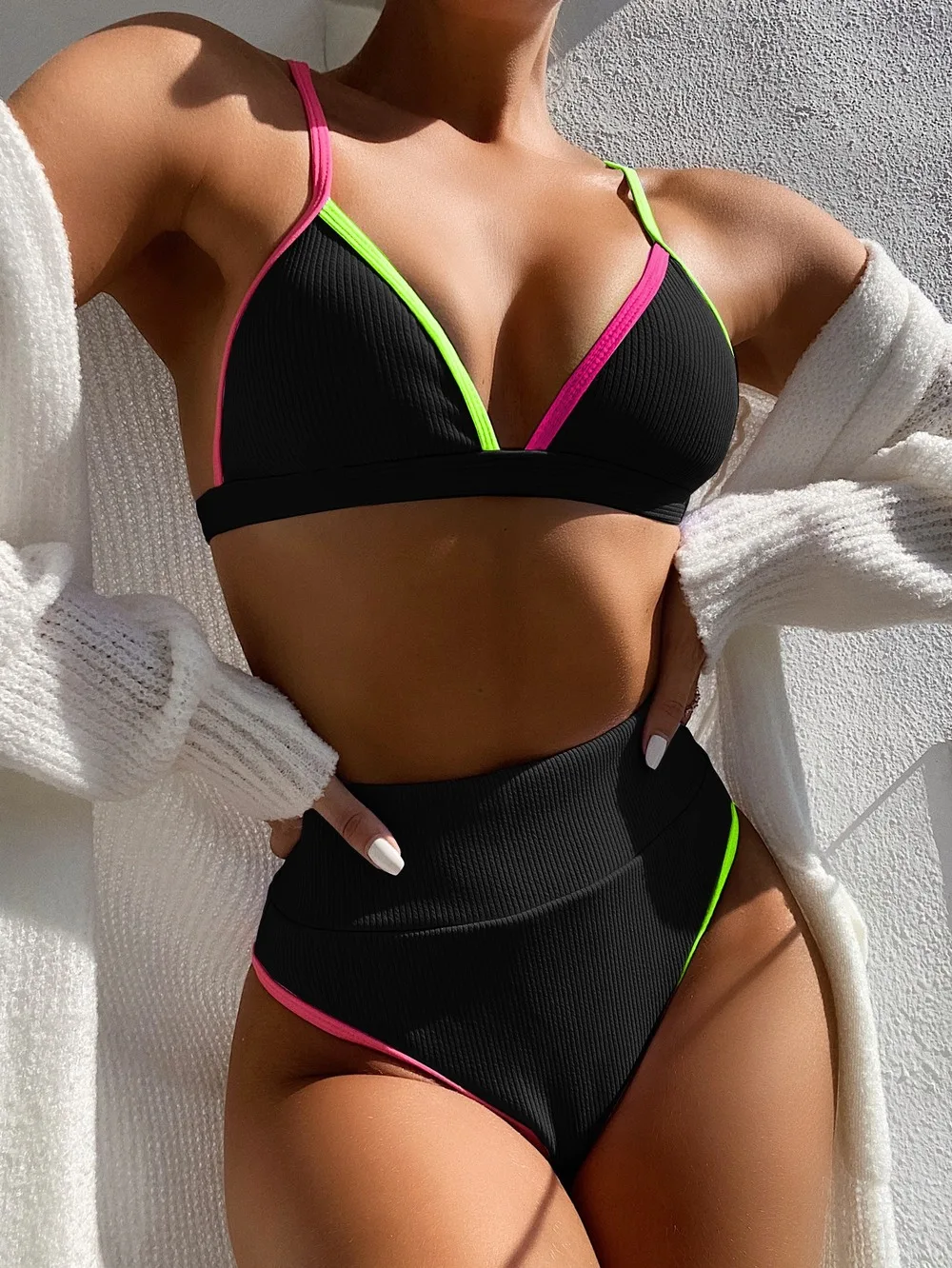 Sexy Wysoka Talia Bikini 2021 V Szyi Damski Strój Kąpielowy Push Up, Stroje Kąpielowe Kobiety Wysoki Dekolt Strój Kąpielowy Kobiety Lato Plaża Odzież Biquini
