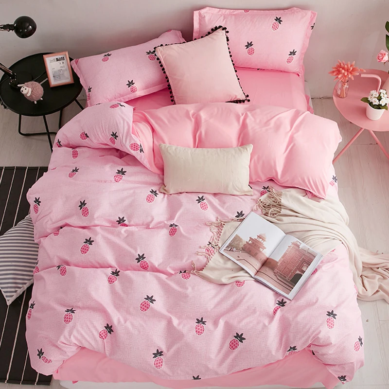 Tekstylia do domu Kołdrę Poszewka Płaskie Prześcieradło Ananas, różowy Komplet Pościeli Dla Dzieci Kid Teen Girls queen bedclothes