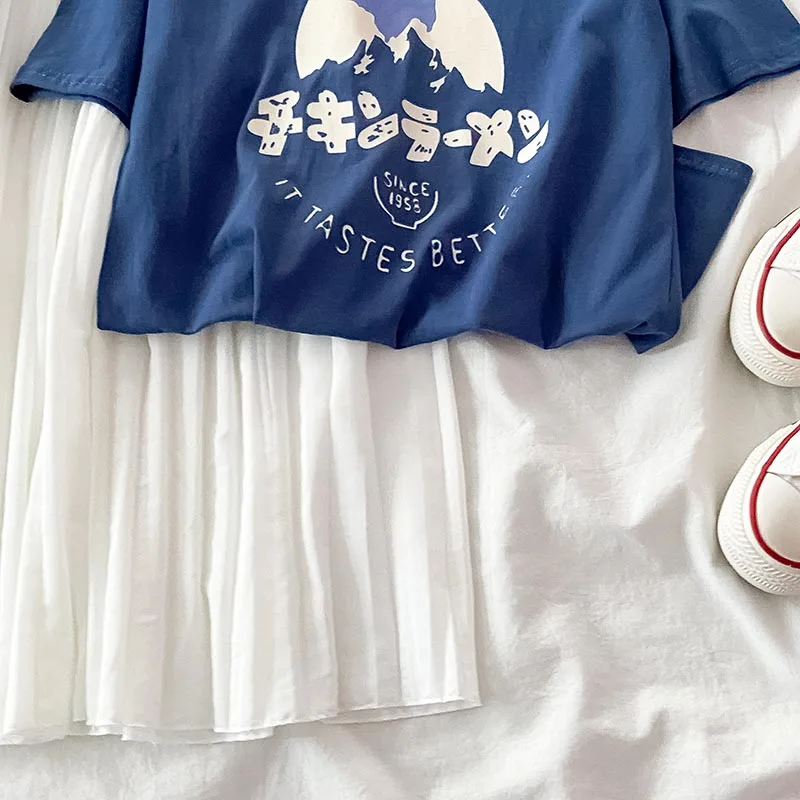Letnia Moda Spódnica Zestaw Kobiet Dorywczo Strój Z dwóch Części Femme Niebieska koszulka + Wysokiej Talii Spódnica Plisowana Odpowiedni Zestaw