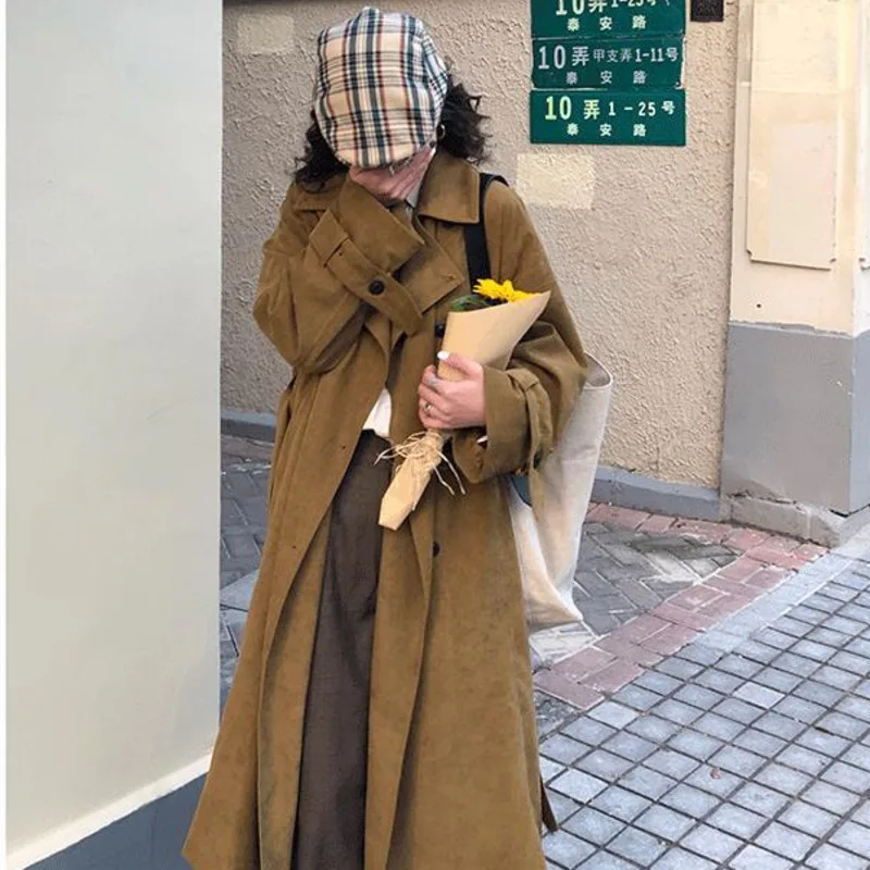 Kobieta rów o długości do łydki Płaszcz Jednolity Kolor Regulowany Mankiet Dwurzędowy A-line Codzienne Koreański Styl Moda Temat Mody Retro