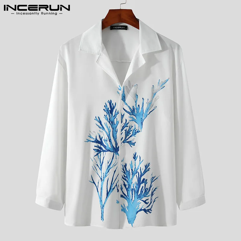 INCERUN Men Casual Shirt Printing Lapel Long Sleeve Button Leisure Camisa Masculina 2021 Meble Ubrania Harajuku Temat Koszule Marki
