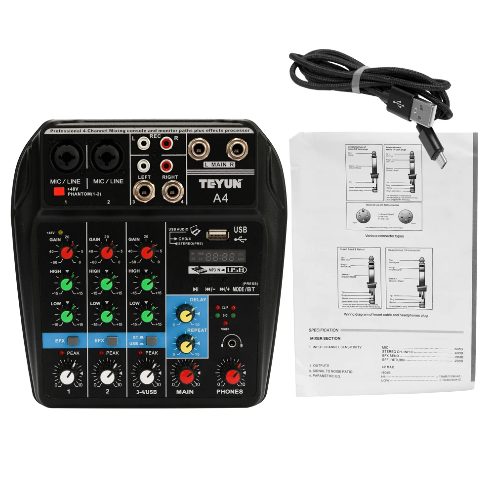 TU04 BT Sound Mixing Console 4-Channel Mixer audio Record 48V Phantom Power Monitor AUX Paths Plus Effects 4-Channel Audio Mixer