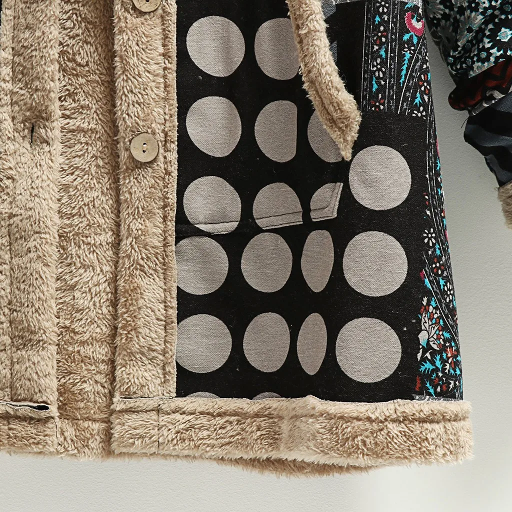 2021 Zimowy Vintage Kobiecy Płaszcz Ciepły Drukowanie Gruby Polar Z Kapturem Długa Kurtka z Kieszeniami, Damska odzież Plus size Płaszcz dla kobiet