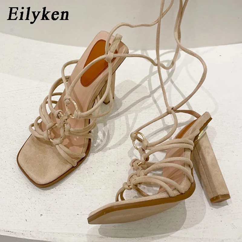 Eilyken 2021 New Summer Narrow Band Metal Decoration Sandals Women High Heels Paski Shoes Square Head Female Women Pumps