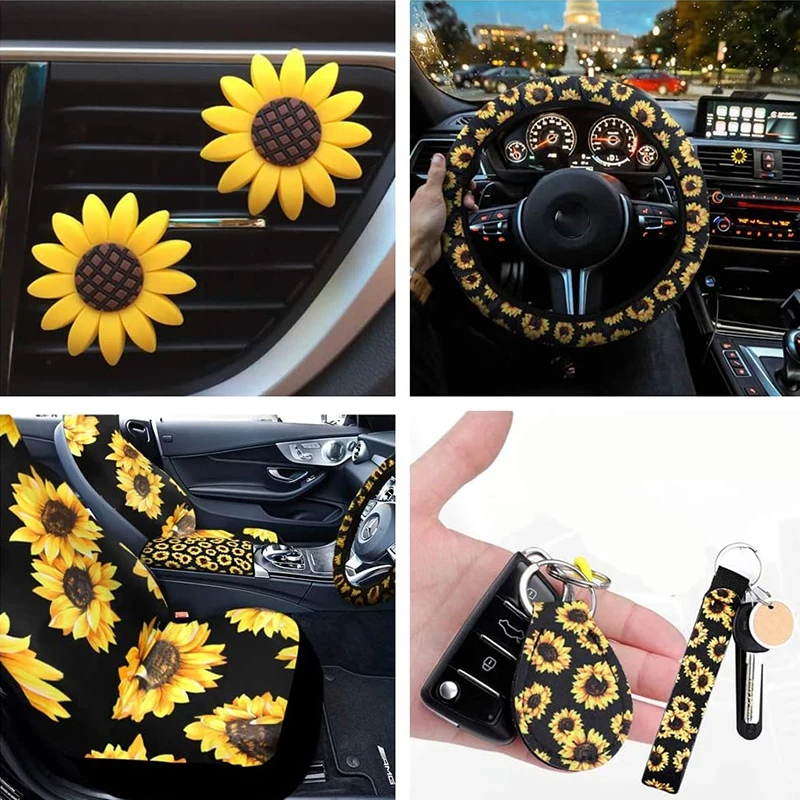 9 Sztuk Uniwersalny Zestaw Akcesoriów Samochodowych Sunflower Zawiera 2 Sztuki Pokrowców Na Przednie Fotele Do Samochodu, Etui Kierownicy Sunflower, 2 Sztuki