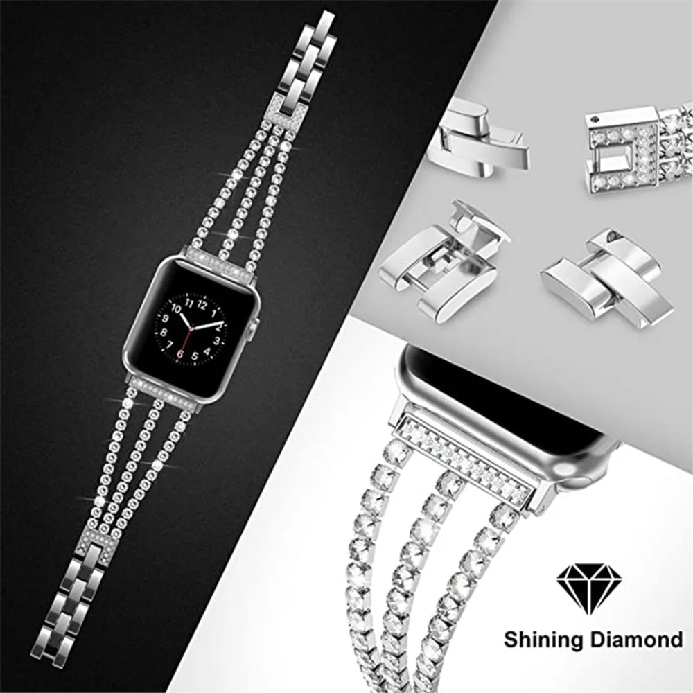 Diamond Bling Stainless Steel Band For Apple Watch 4 3 Pasek 38/42 mm Żeński Biżuteria Pas Do mc Bands SE 6 5 40/44 mm Bransoletka