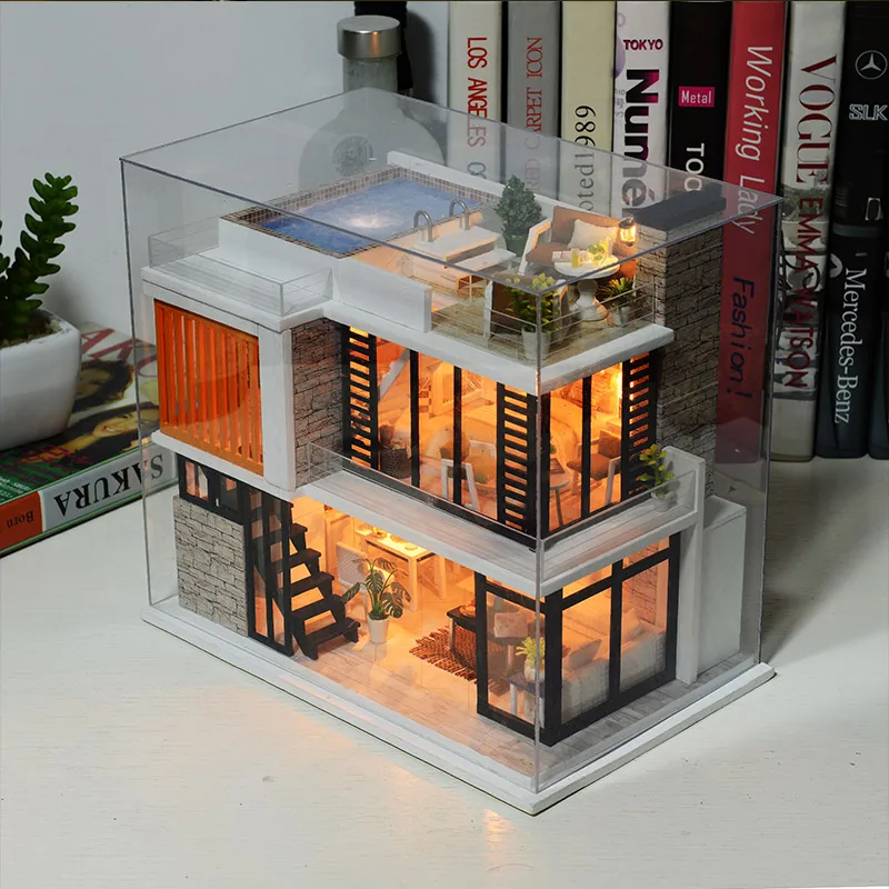 Miniatury Dom dla Lalek Zabawki dla Dzieci, Prezenty Handmade Rękodzieło Model Drewniany domek dla Lalek Meble Diy Miniatura 3D