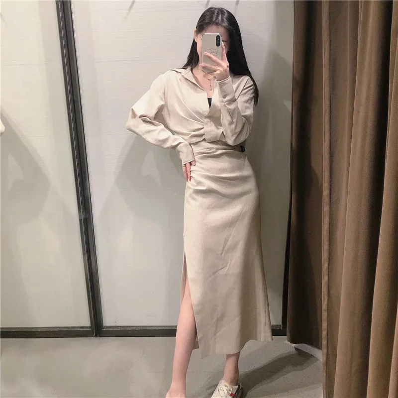 NWOMN Za Linen Blend Plisy Crop Top Women Spring 2021 Fashion Collared Long Sleeve Top Woman High Street Chic Woman Blouse