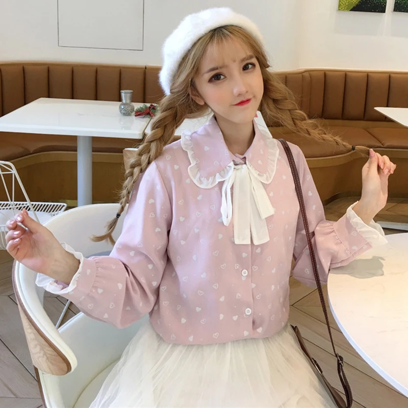 Słodki styl Peter Pan kołnierz łuk koronki Wiosna jesień serce drukowania z długim rękawem odzież Damska koreański ulzzang temat różowe koszule