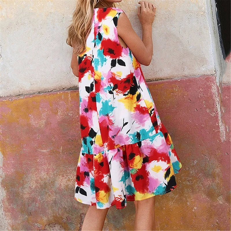 Vintage Mini sukienka bez rękawów z kwiatowym nadrukiem Elegancka bielizna O-Neck A-Line Plażowe sukienki 2021 Lato Lady Codzienne Wolnego sukienka Vestido