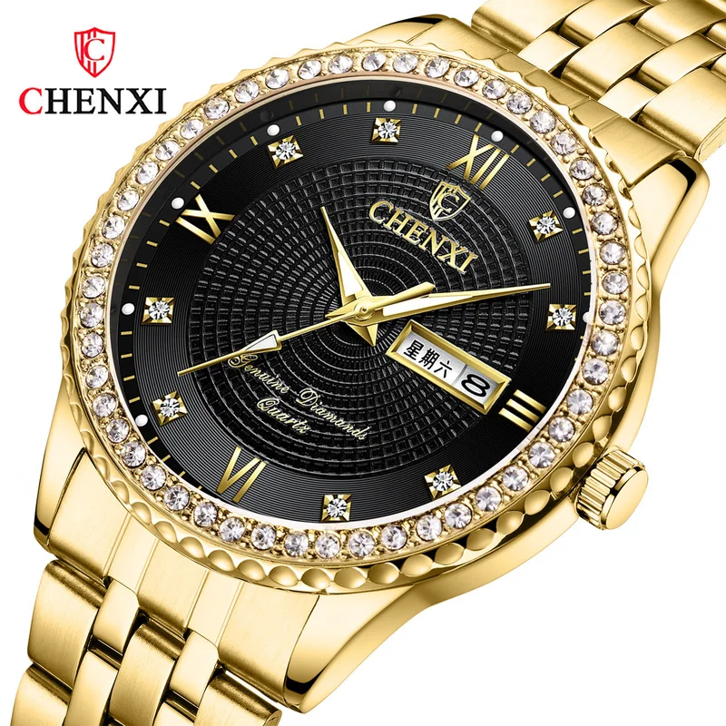 CHENXI Diamond Fashion zegarki Męskie Gold Diamond-skok Luksusowe High-end Trend Business Casual Zegarek Kwarcowy WA162