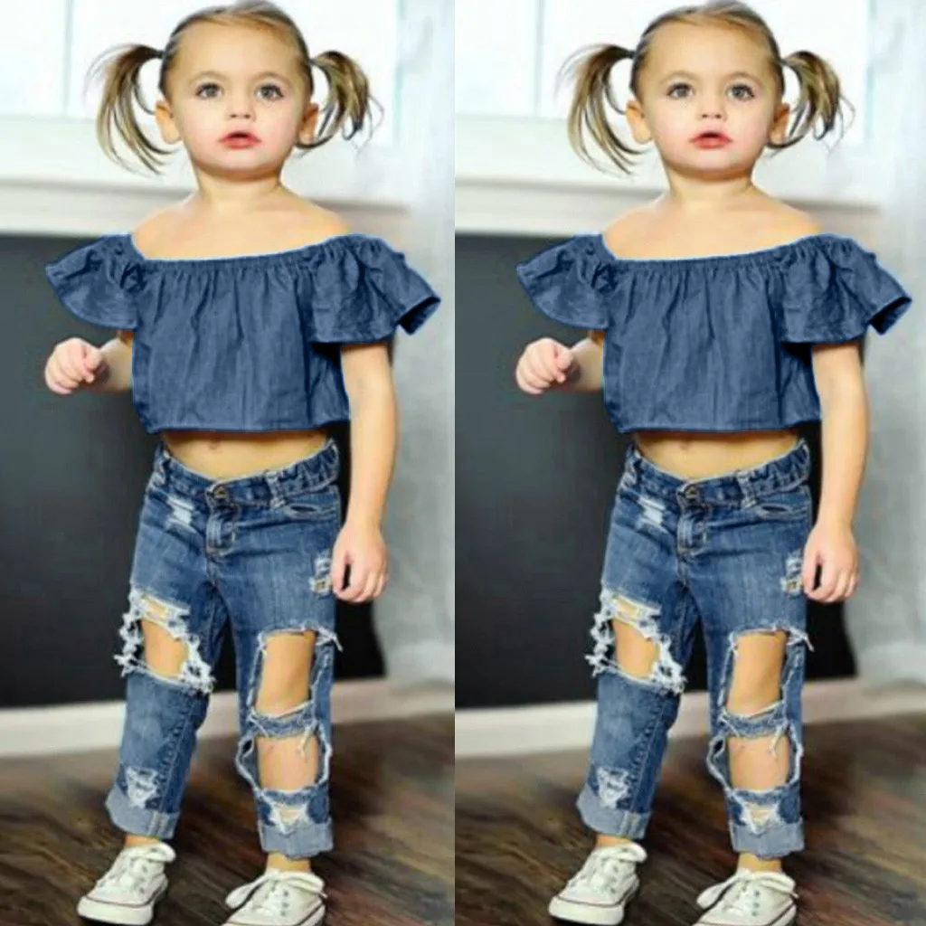 Dziecko Baby Girl Denim Jean Outfits Baby Girls Off Shoulder Twarde Topy+Дырчатые Denim Denim Spodnie Stroje Zestawy Plac Letnia Odzież