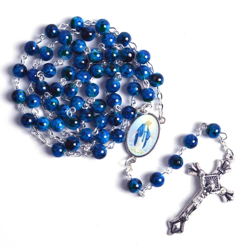 4 Kolory Niebieski Szklany Różaniec Naszyjnik Maryja Jezus Krzyż Chrześcijańskie, Katolickie Biżuteria Modny Trend