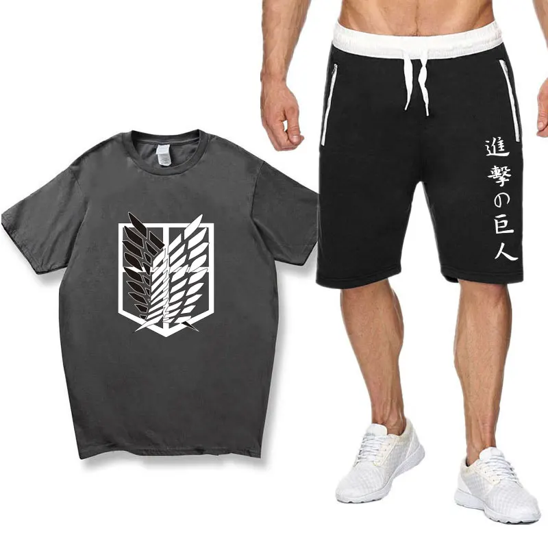 Letnie anime męskie zestawy Koszulka Spodenki Sportowe Atak na Tytanowe koszulki Zestawy teeshirt homme camisetas Męskie Szorty t-Shirty Zestawy