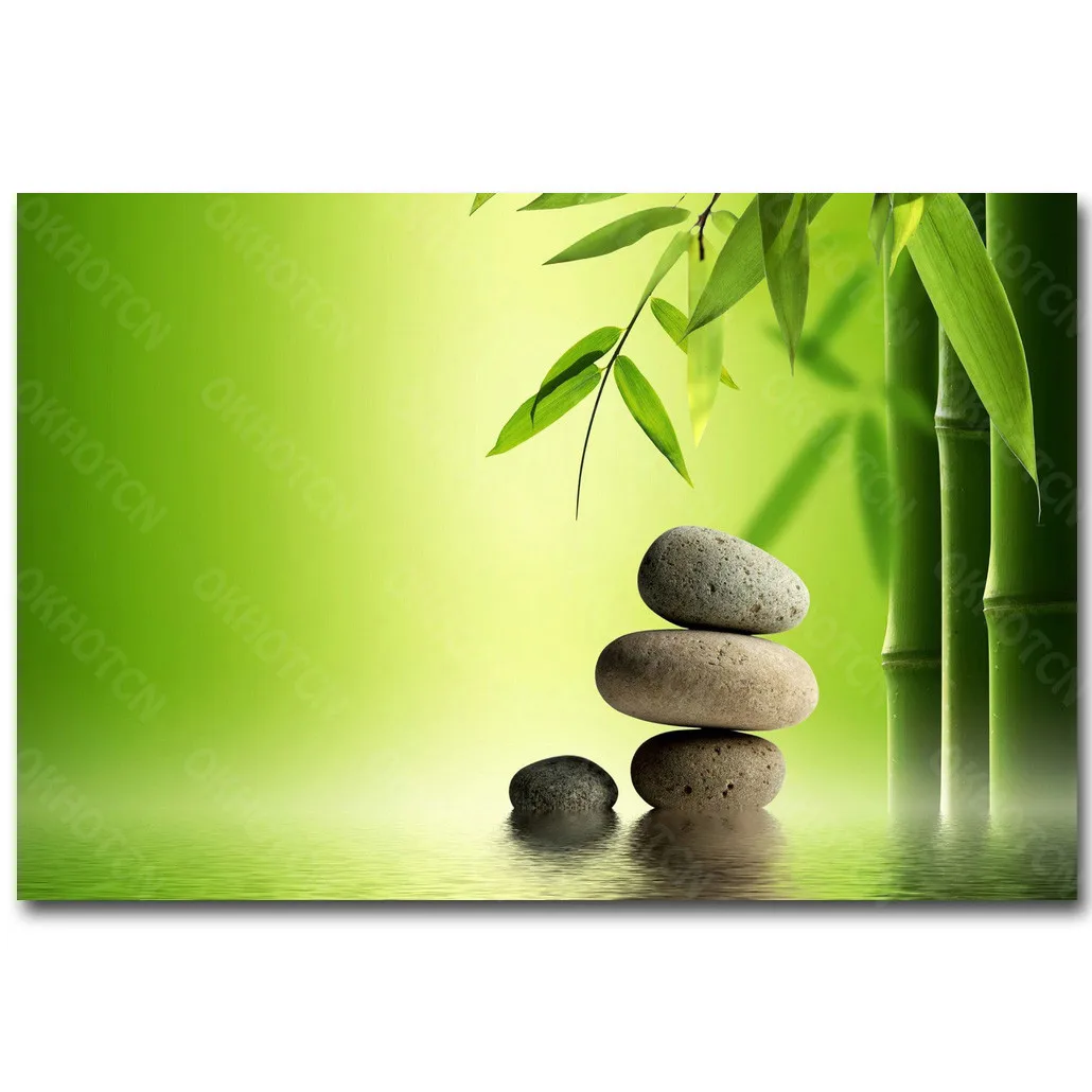 Zen Stone I Bambus Krople Wody Zielony Liść Martwa Natura Płótno Malarstwo Medytacja Sztuka Tkanina Plakat Budda Dekoracje Do Domu