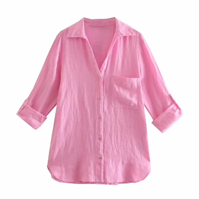 TRAF Za Green Top Female Pink White Button-Up Shirt Basic Linen Shirt Women Yellow Top Fashion Woman Blouses 2021
