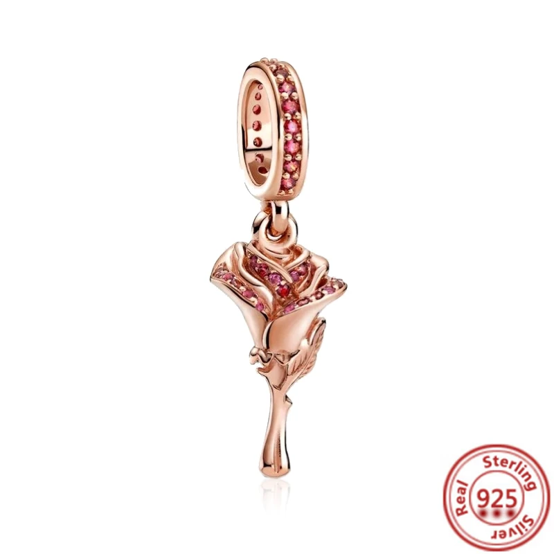 925 Srebro Różowe Złoto Flamingo Róża Kwiat Tęczy Krzyż Koraliki Fit Oryginalny Pandora Bransoletka DIY Kobiety Dziewczyny Biżuteria Prezent