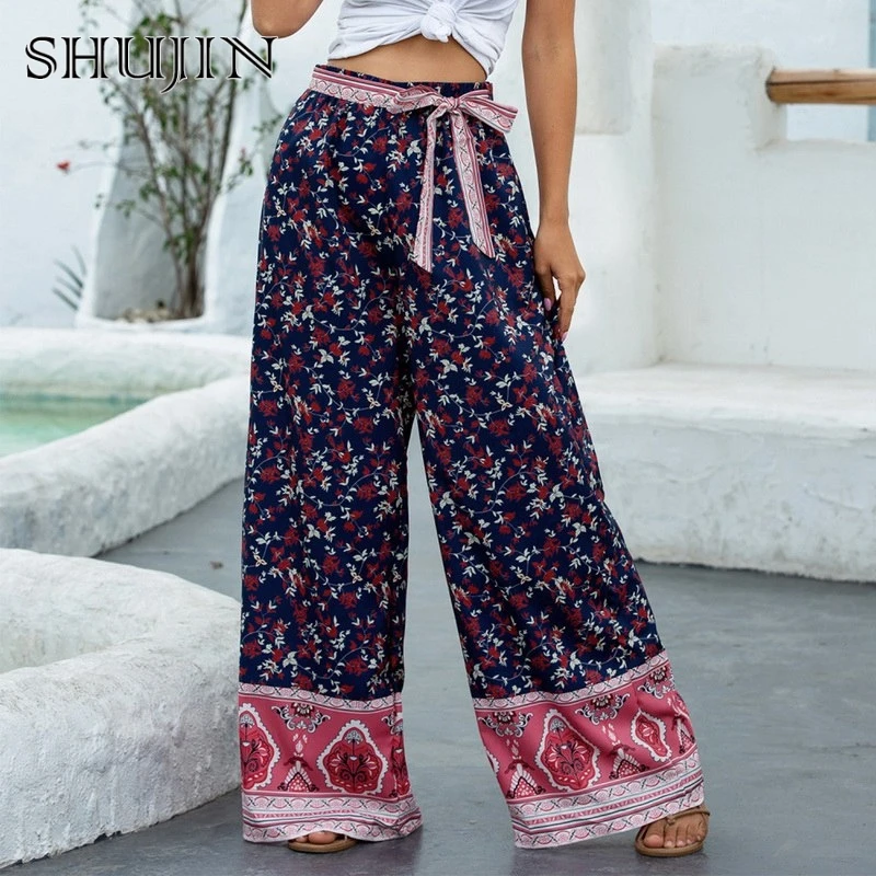 SHUJIN Boho Szerokie Spodnie Dla Kobiet 2021 Lato Kwiatowy Print Palazzo Spodnie Damskie Wakacje Plaża Codziennych Temat Spodnie Spodnie