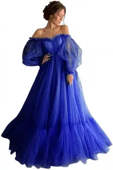 Sky Blue Sukienka Z długim Rękawem z otwartymi ramionami Sukienka Księżniczki 2021 Karbowany Tiul Formalne Suknie Wieczorowe Plus size