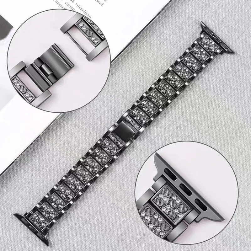 Nadaje się dla Apple watch series 65432SE męski i żeński diamentowy pasek do zegarka Iwatch 44 mm 40 mm 42 mm 38 mm bransoleta ze stali nierdzewnej