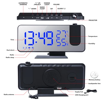 Budzik LED Digital Electronic Desktop Clock USB Wake-up FM-Radio Time Projector Funkcja Drzemki
