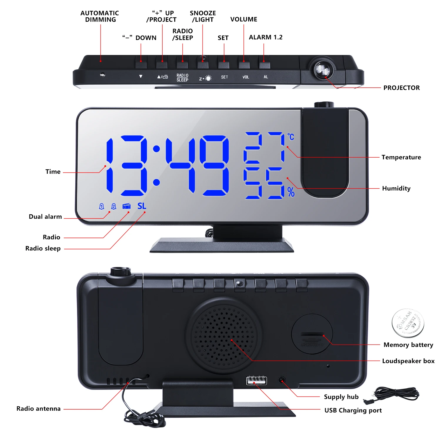 Budzik LED Digital Electronic Desktop Clock USB Wake-up FM-Radio Time Projector Funkcja Drzemki