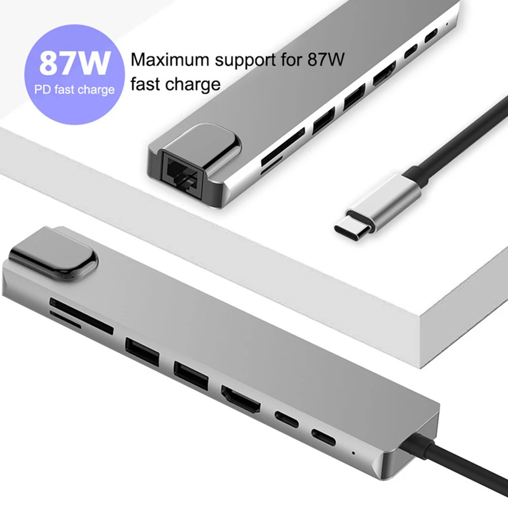 Tebe USB Type-C Hub To 4K, HDMI, RJ45, USB 3.0 SD/TD Card Reader PD Fast Charge 8-in-1 Wielofunkcyjny Zasilacz Do Macbooka Pro