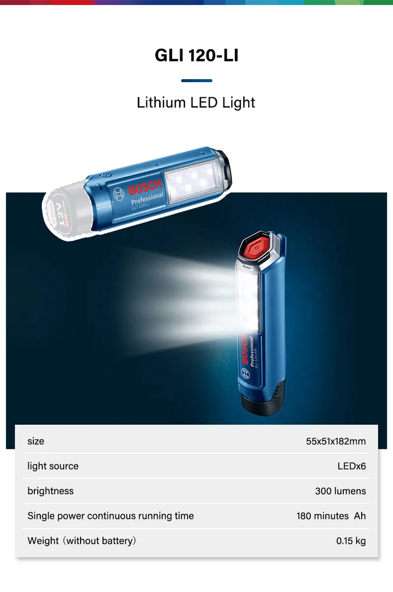 Bosch Akumulator Latarka Elektronarzędzia Ręczne LDE Lampa Oświetlenia Goły Metal GLI 180-LI/GLI 120-LI Bosch 18V Elektronarzędzia