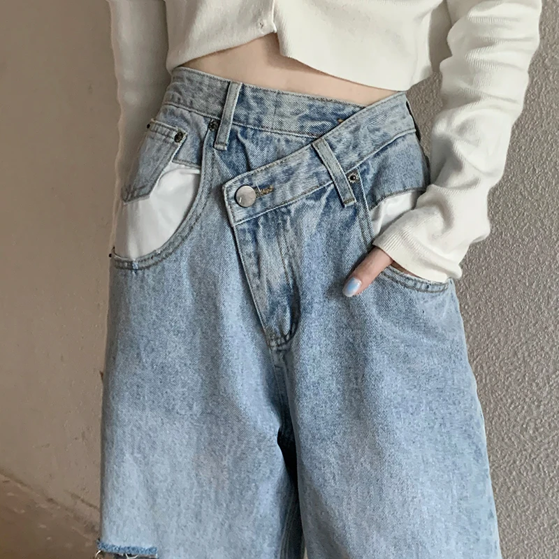 ALLNeon Y2K Fashion High Waist Ripped Jeans Vintage E-girl Aesthetics Hole Szerokie, luźne spodnie 90-tych, Meble, ubrania Jeansowe spodnie