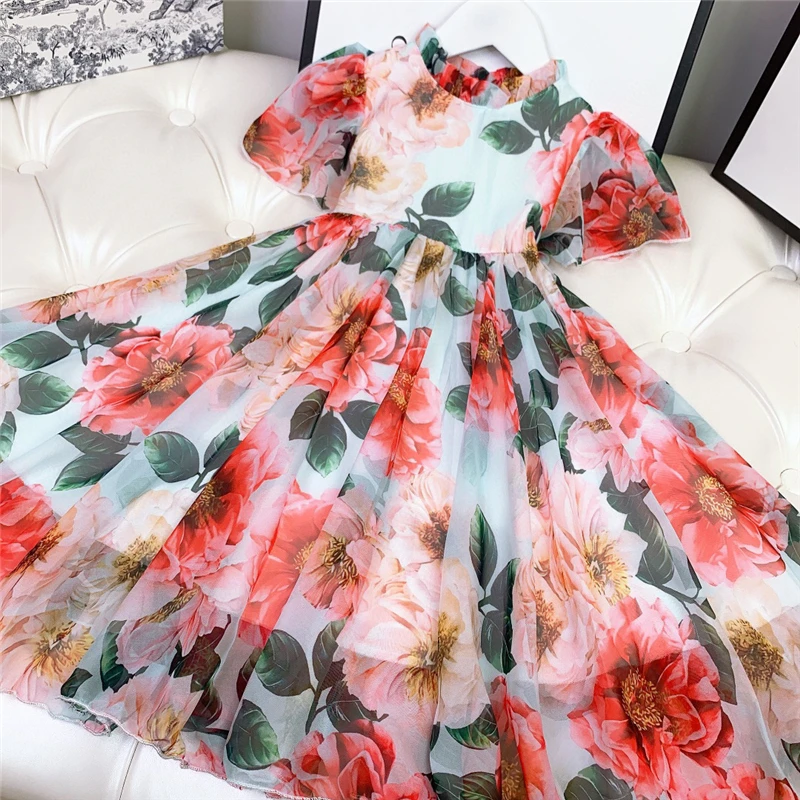2021 dzieci dziewczyny druku kwiatowe sukienki szyfon kwiaty lato koszula rękaw sukienka detaliczna odzież