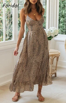 Foridol Elegancka Letnia sukienka z odkrytymi Plecami sznurowane odzież Damska bez rękawów Leopard Maxi Boho Beach Dress Lady Long Vestido Feminino