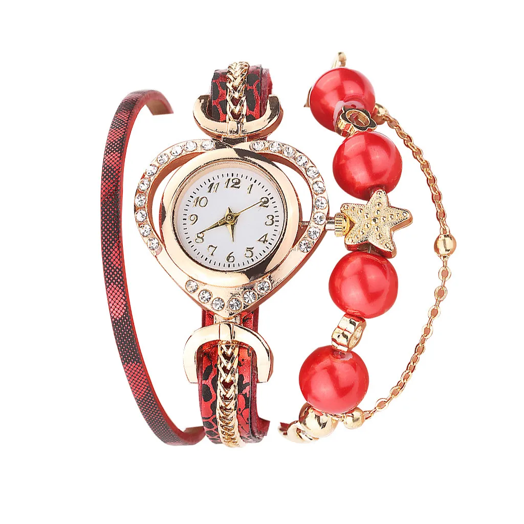2021 Women Vintage Pearl Shining Bracelet Watch Ladies Heart Pattern Tarcza Analogowy zegarek kwarcowy zegarek zegarek муржские