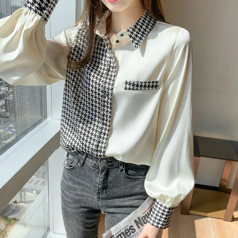 Komórkowa patchwork Satynowa Koszula Kobiety 2021 Wiosna Vintage Bluzka Z Długim Rękawem Bluzki Modne